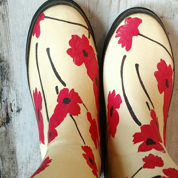 LANDS END Red Poppy Wellies sz 9 - Picture 2 of 8
